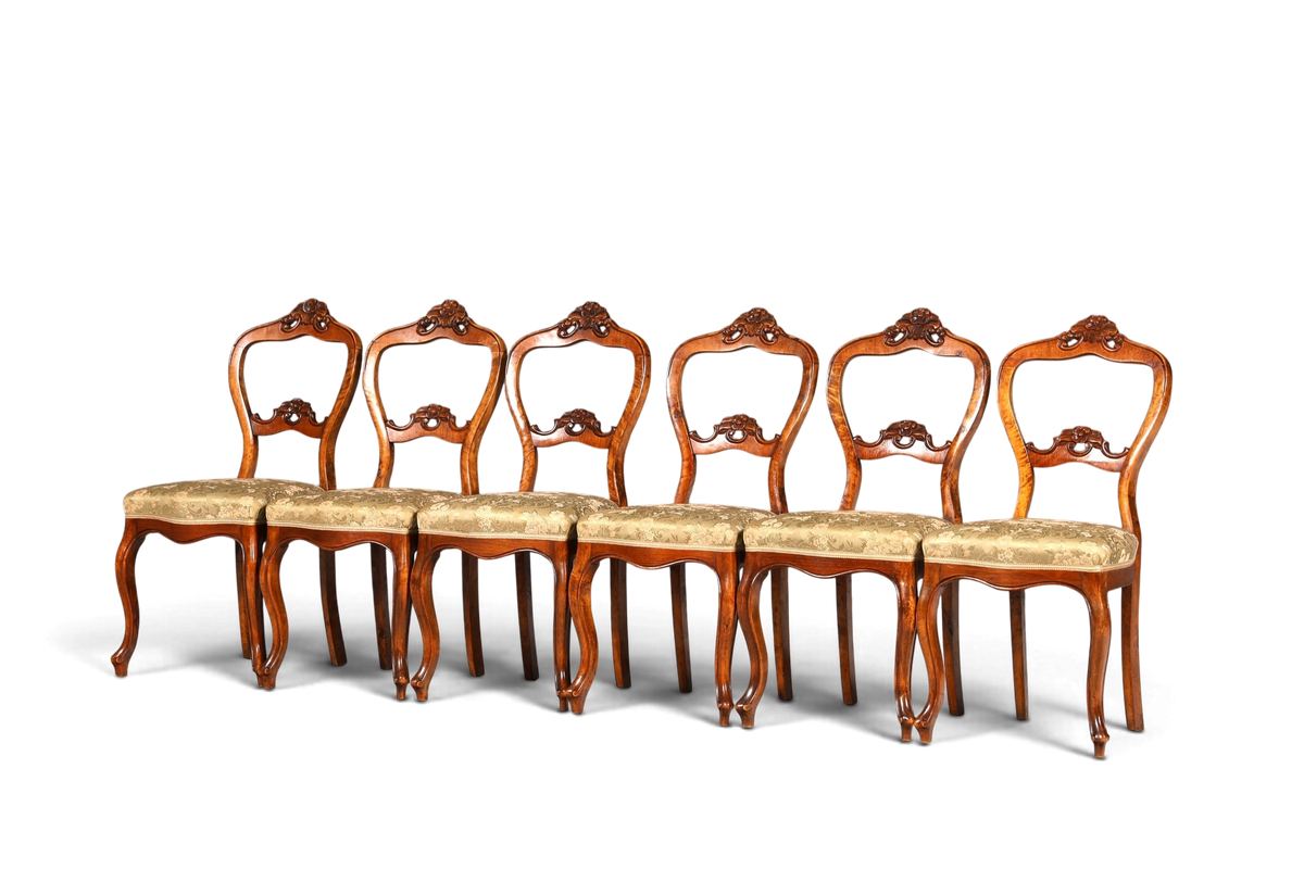 Hauptstadt Möblerei 6er-Set antike Louis Philippe Biedermeier Stühle aus Holz mit gemustertem Polsterbezug