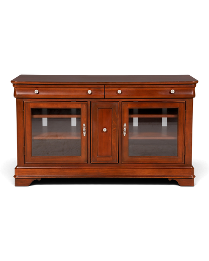 Hauptstadt Möblerei H887 Sideboard aus dunkelbraunem Holz mit zwei Glastüren, einer Mitteltür und zwei Schubladen.