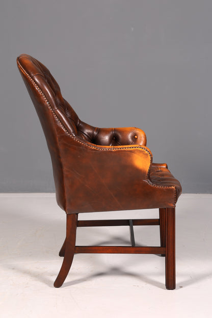 Wunderschöner Original Chesterfield Armlehnstuhl Braun Echt Leder Englisch Herrensessel Schreibtischstuhl Bürostuhl Sekretär Stuhl Antik Vintage