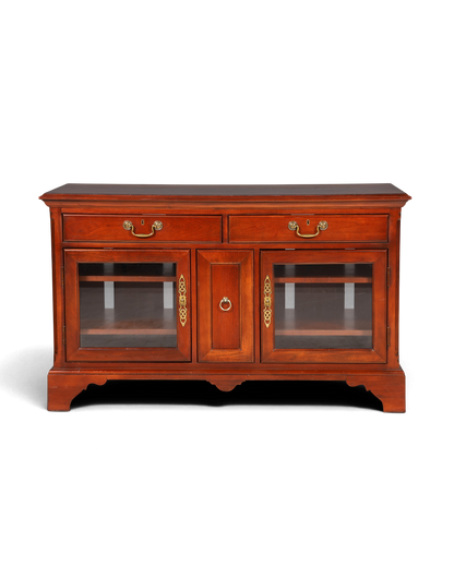 Hauptstadt Möblerei H866 Sideboard aus dunklem Holz mit zwei Schubladen, Glastüren und antiken Messingbeschlägen