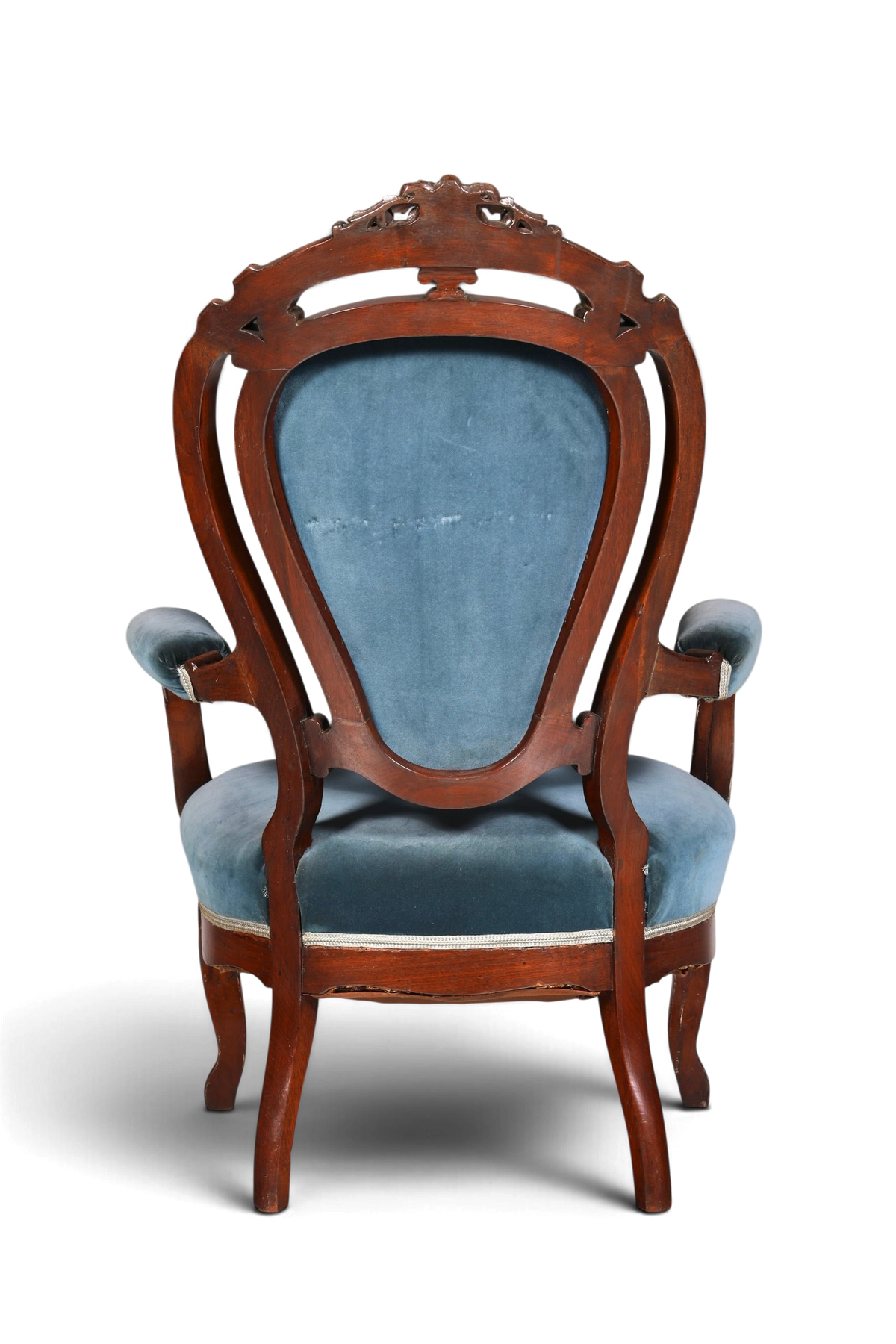 Hauptstadt Möblerei Louis Philippe Sessel im Biedermeier Stil mit blauem Samtbezug und dunklem Holz, Rückansicht