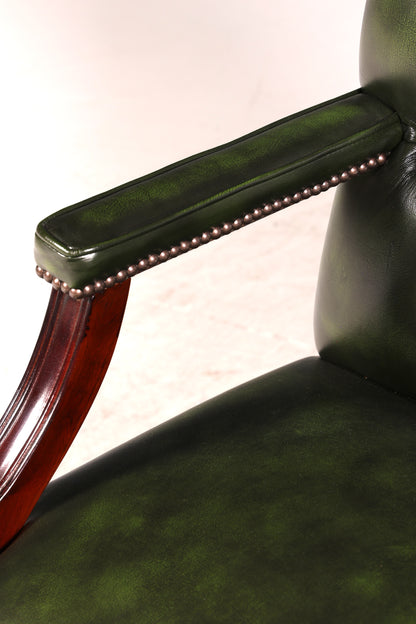 Wunderschöner Original Chesterfield Bürostuhl Grün Echt Leder Englisch Herrensessel Armlehnstuhl Drehsessel UK