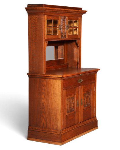 Hauptstadt Möblerei antikes Jugendstil Buffet aus Eiche mit Vitrine, Schnitzereien und Spiegelrückwand