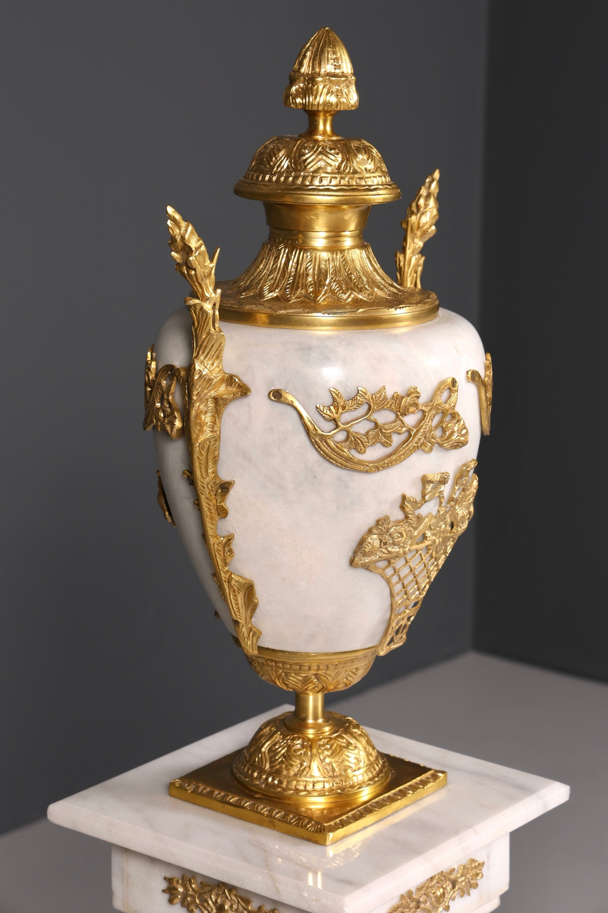 Beautiful Baroque style column with vase, Louis XV marble flower column, white natural stone base and shelf