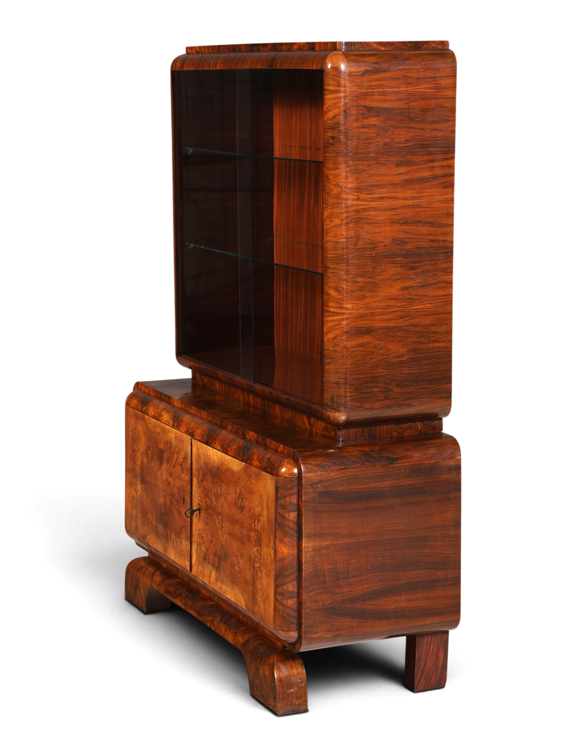 Edle Art Deco Vitrine Nussbaum Vitrine massiv Holz Antik Schrank Regal Vitrinenschrank