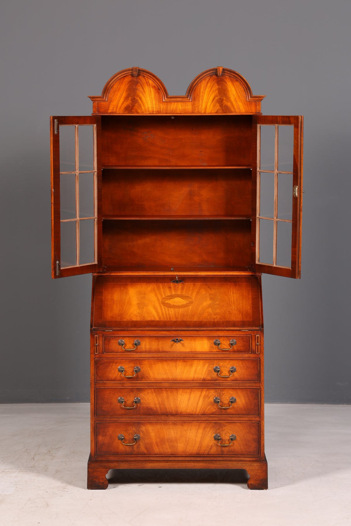Beautiful English escritoire, secretary desk, bookcase, display cabinet, mahogany, antique office writing desk, UK