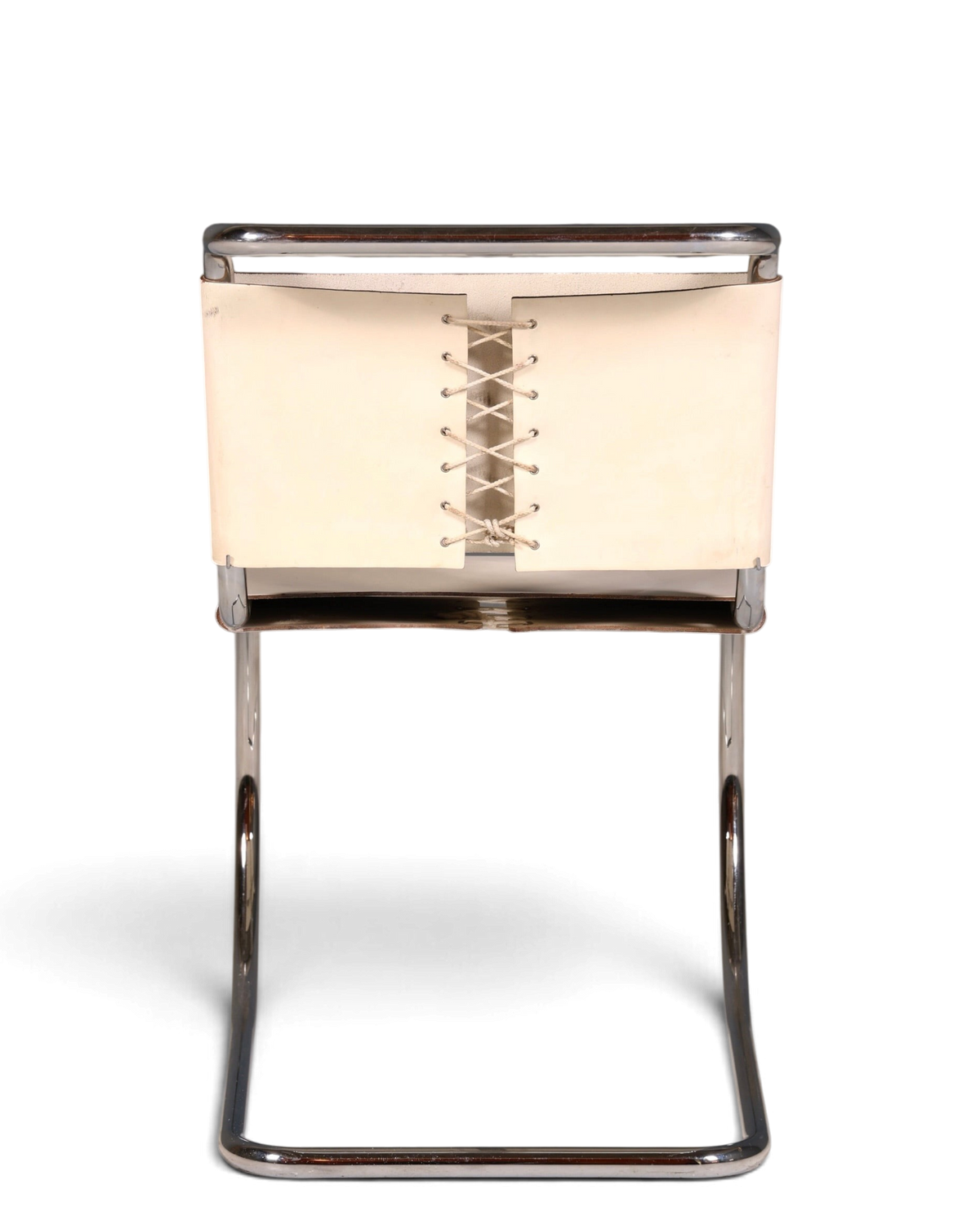 Hauptstadt Möblerei Knoll International MR Chair Freischwinger mit weißem Leder und Schnürung, Rückansicht