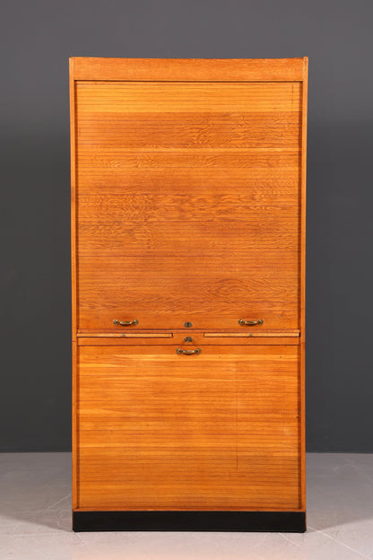 Schlichter Mid Century Rollladenschrank Bauhaus Apothekerschrank Art Deco Büro Aktenschrank