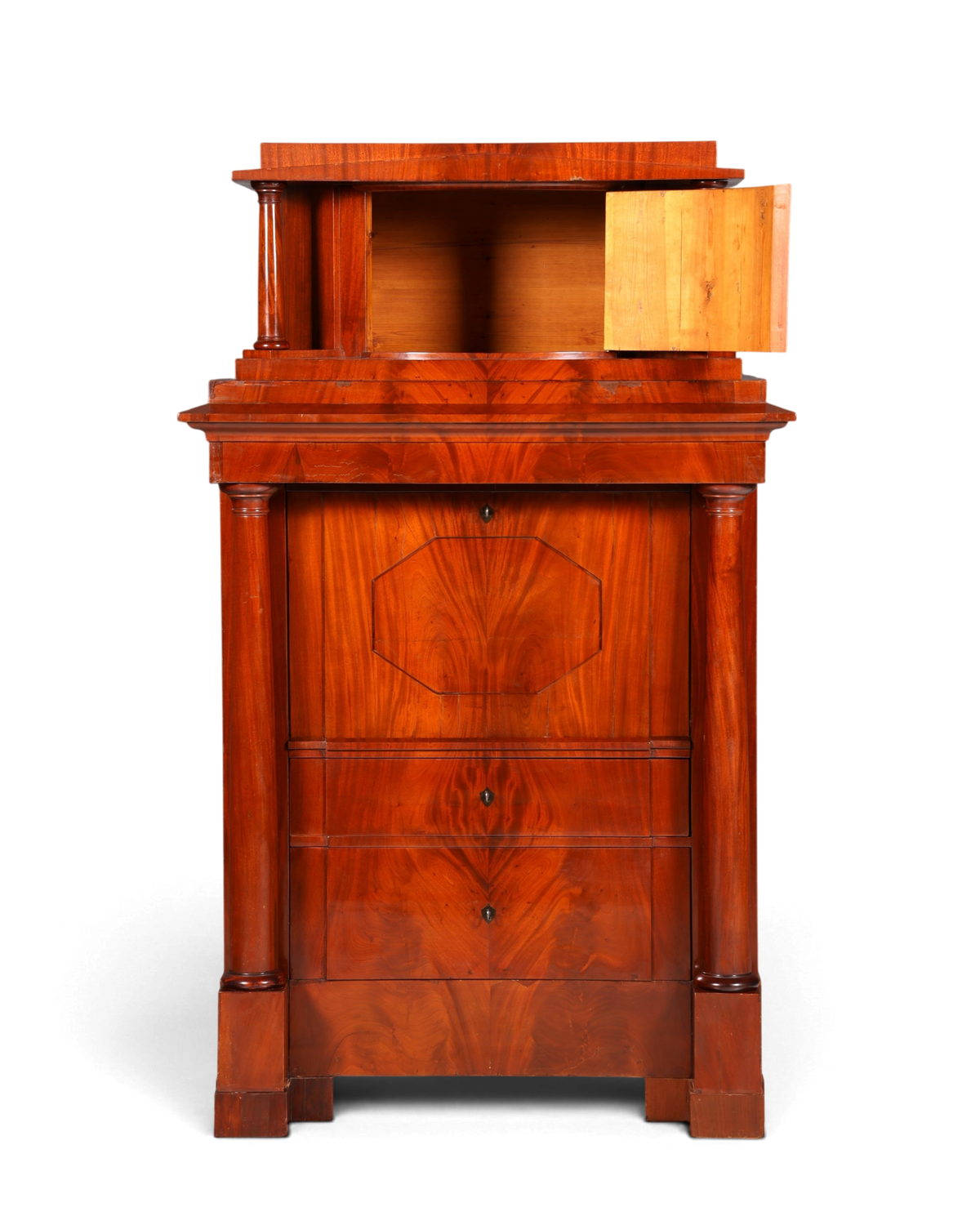 Hauptstadt Möblerei orijinal 1860 Biedermeier sekreter, masif ahşap, sütun detaylı ve zengin ahşap dokulu antika büro dolabı.