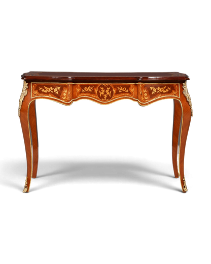 Hauptstadt Möblerei Schreibtisch im Louis XV Stil aus Massivholz mit floralen Intarsien und goldenen Messingbeschlägen