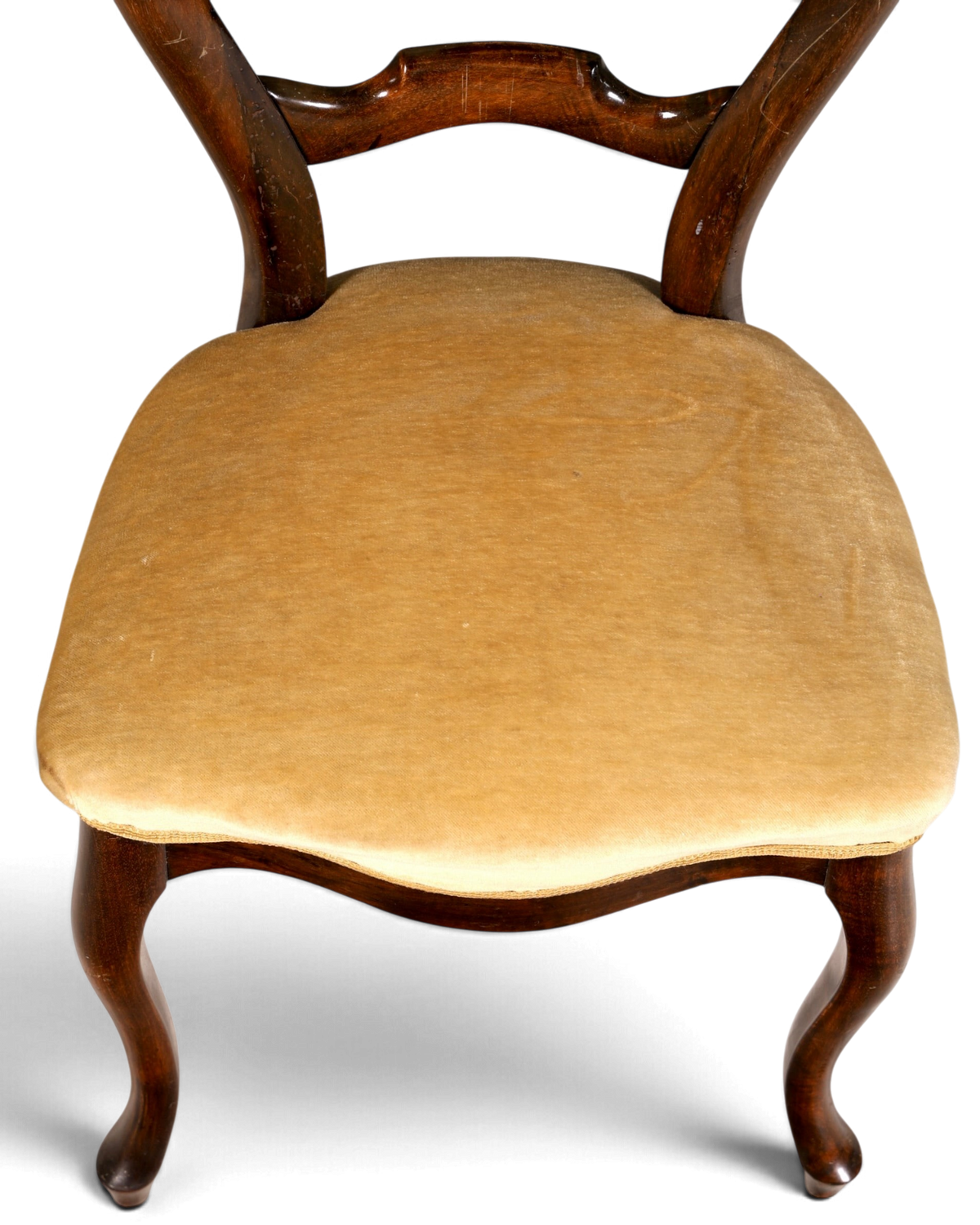 Hauptstadt Möblerei H950 Stuhl mit dunkelbraunem Holzrahmen und senfgelbem Samtpolster in klassischem Design