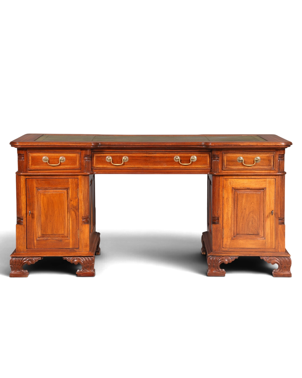 Hauptstadt Möblerei englischer Schreibtisch aus Eibenholz mit grüner Lederauflage und Schubladen im Vintage-Stil