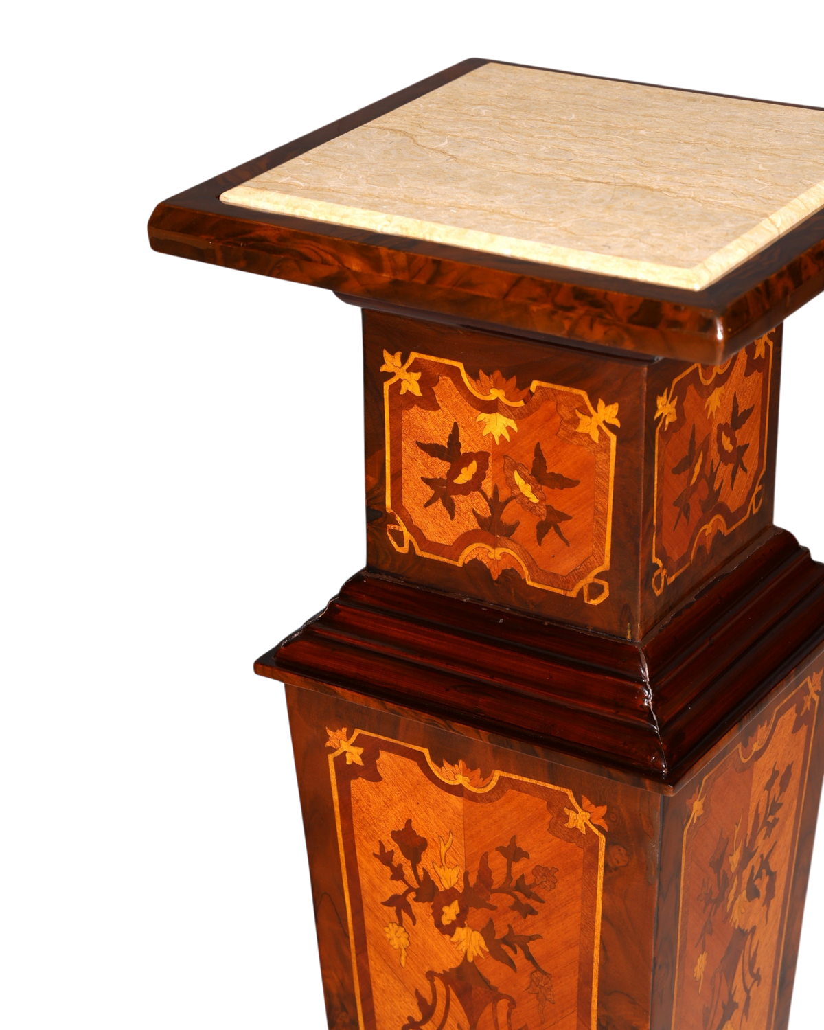 Hauptstadt Möblerei Barock Blumensäule aus Holz mit aufwendiger Intarsienarbeit und heller Marmorplatte