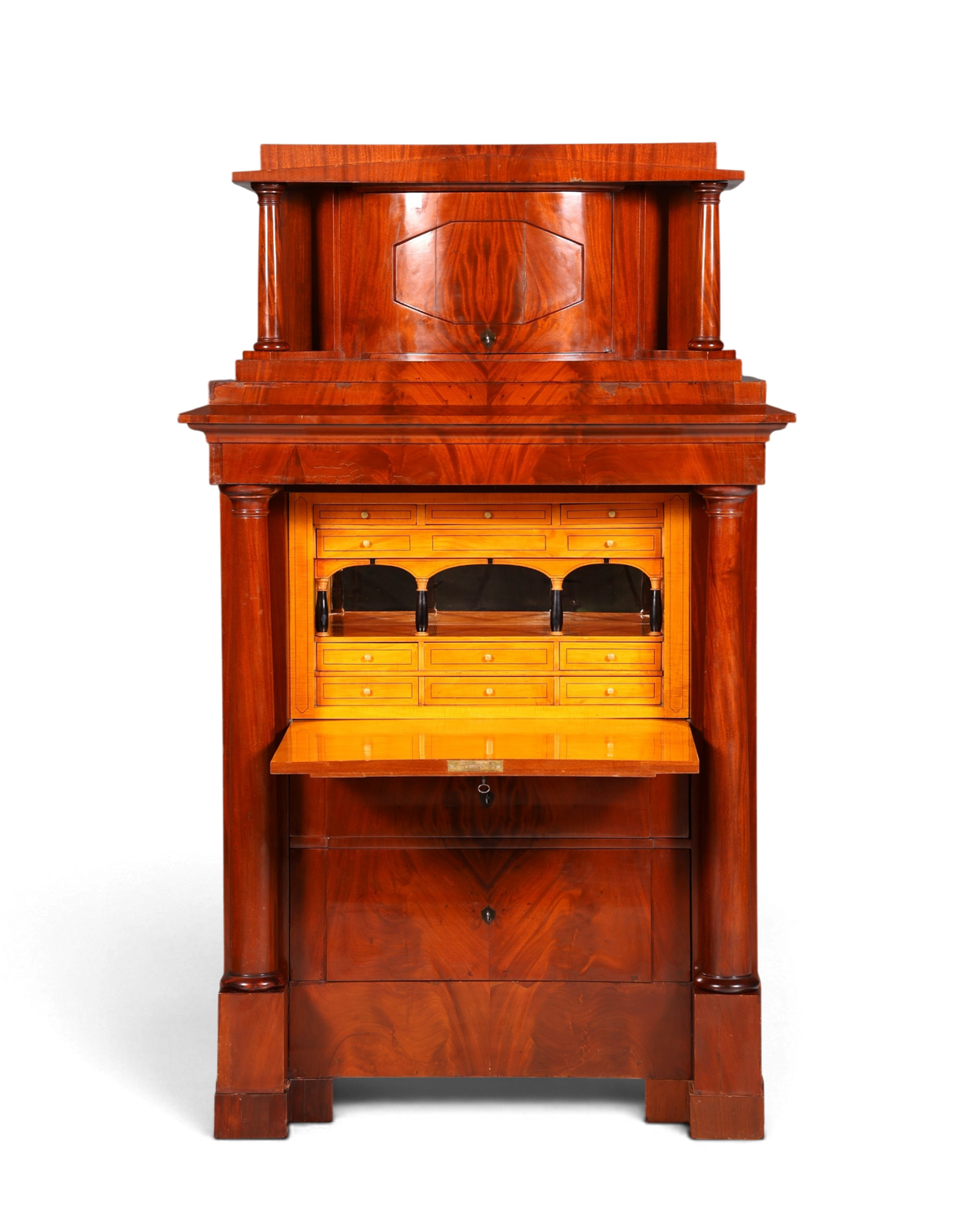 Hauptstadt Möblerei Biedermeier sekreter 1860 masif ahşap sütunlu antik büro komodini