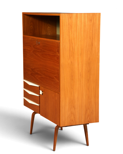 Hauptstadt Möblerei Sekretär aus Teakholz mit weißen Schubladenfronten und konischen Beinen im Mid-Century-Stil
