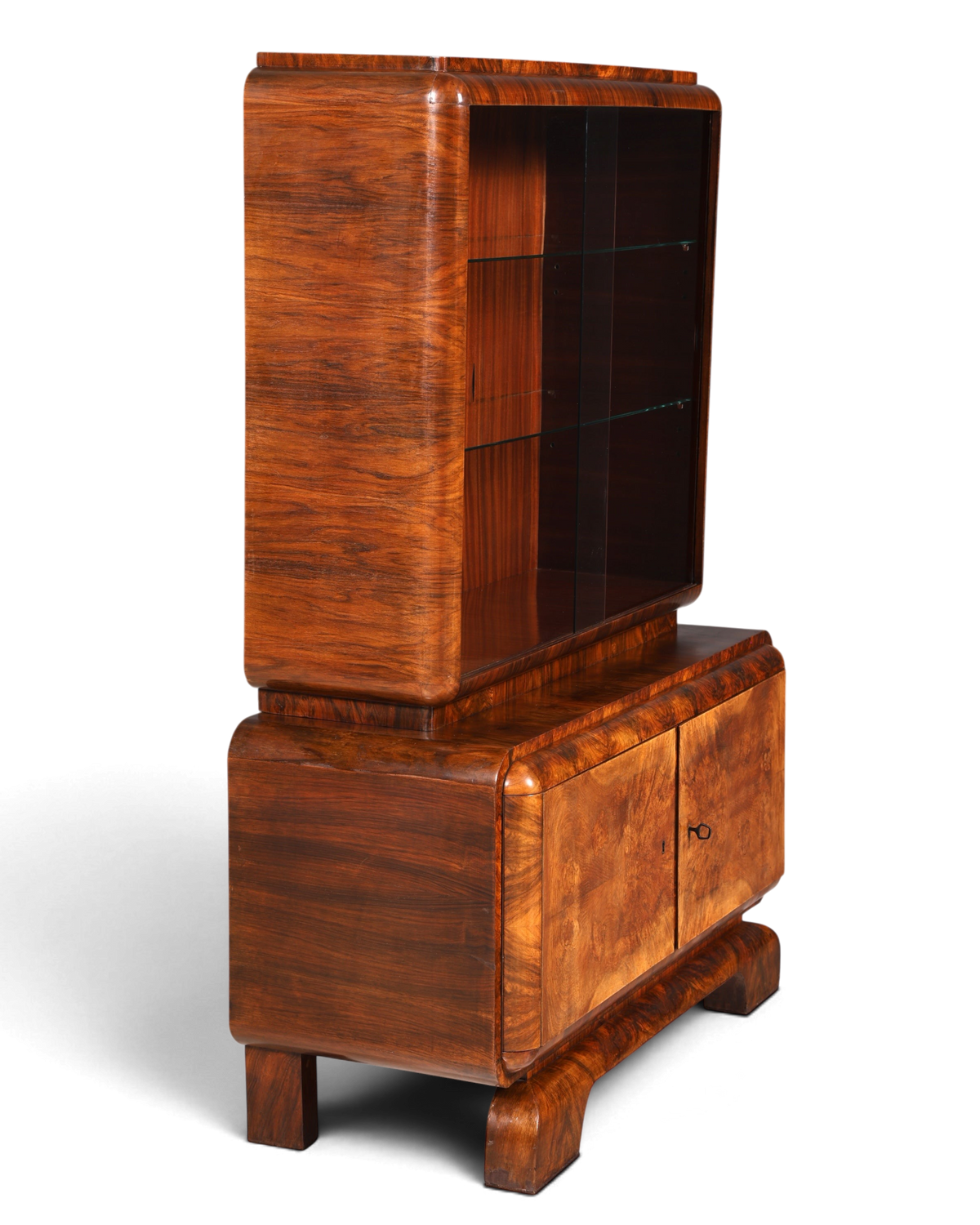 Edle Art Deco Vitrine Nussbaum Vitrine massiv Holz Antik Schrank Regal Vitrinenschrank