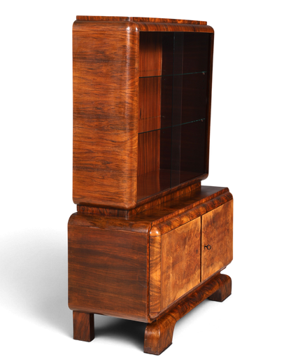 Edle Art Deco Vitrine Nussbaum Vitrine massiv Holz Antik Schrank Regal Vitrinenschrank