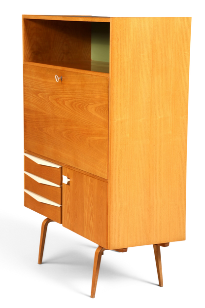Hauptstadt Möblerei Hellerau Sekretär Modell 427 aus Eschenholz im Mid-Century-Design mit ausklappbarer Schreibfläche