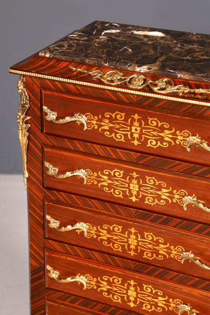 Wunderschönes Barock Stil Louis XV Highboard Marmor Vertiko Intarsien Kommode
