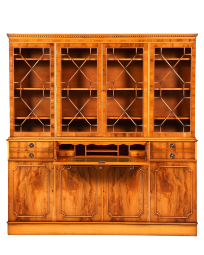 Hauptstadt Möblerei englischer Vitrinenschrank aus massivem Holz mit Sekretär, Glasfronten und Leder-Schreibfläche