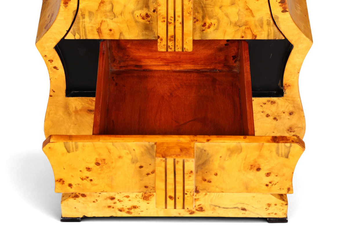 Traumhafte Art Deco Stil Kommode in Kontrabass Form Birke Vertiko Schubladenkommode Gitarren Kommode