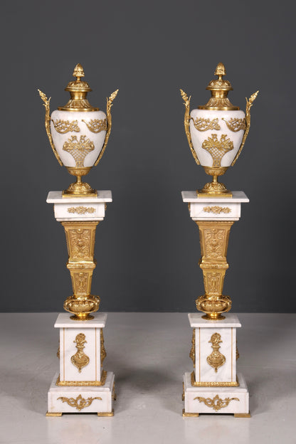 Beautiful Baroque style column with vase, Louis XV marble flower column, white natural stone base and shelf