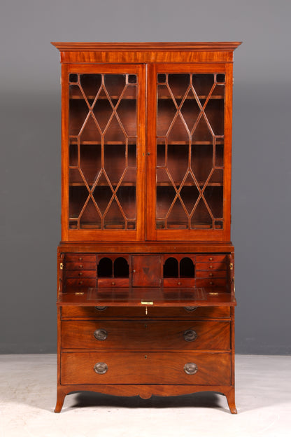 Beautiful antique English secretary desk with hutch, bookcase, display cabinet, mahogany office writing cabinet, UK