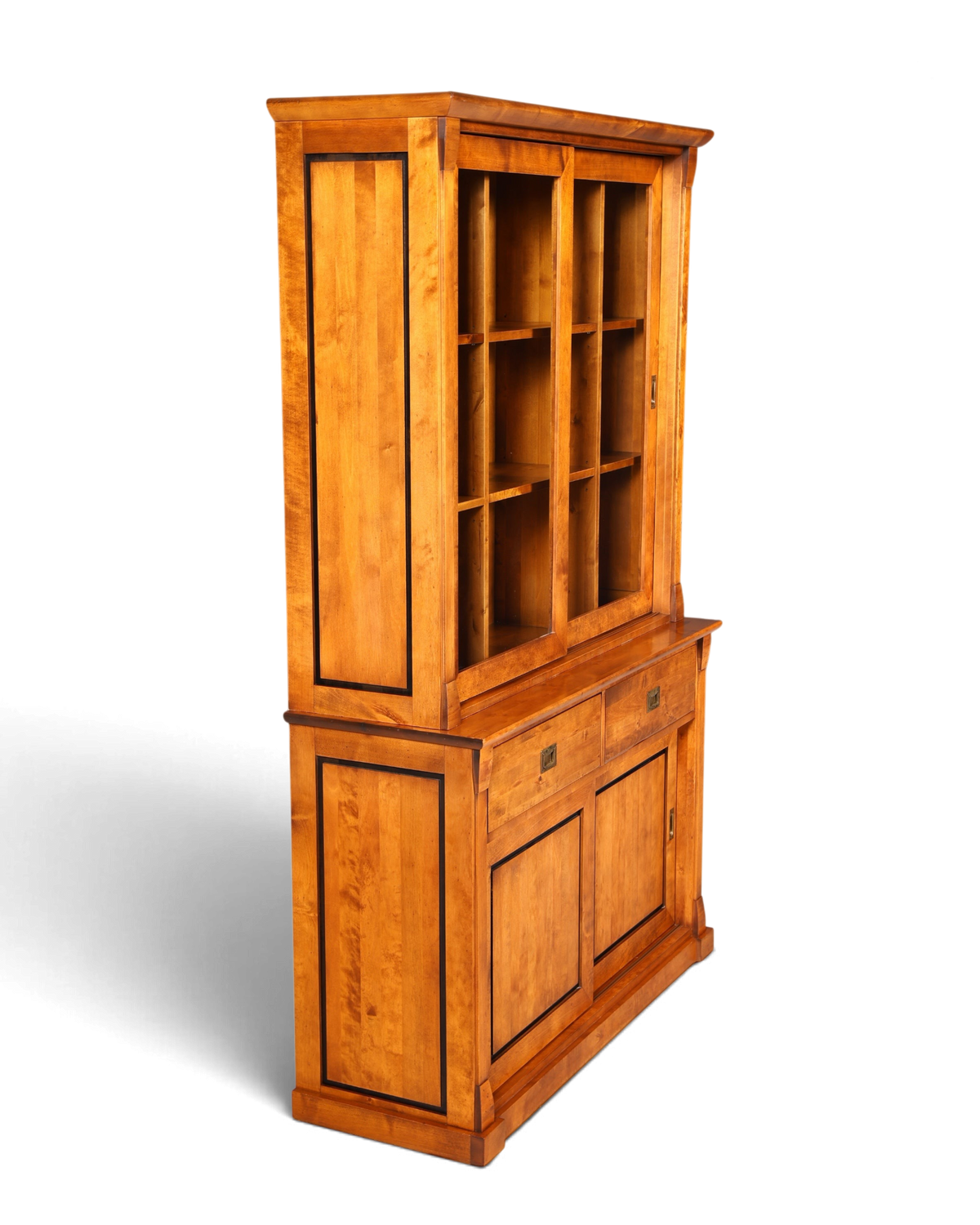 Hauptstadt Möblerei H804 Vitrinenschrank aus honigfarbenem Holz mit schwarzen Akzenten und Glasschiebetüren