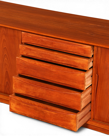 Hauptstadt Möblerei Dyrlund Mid Century Sideboard aus Teakholz mit offenem Schubladenblock und warmer Maserung