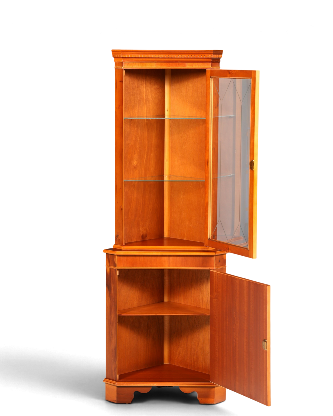 Hauptstadt Möblerei englische Eckvitrine aus Eibenholz mit Glasfront, Sprossentür und praktischem Unterschrank