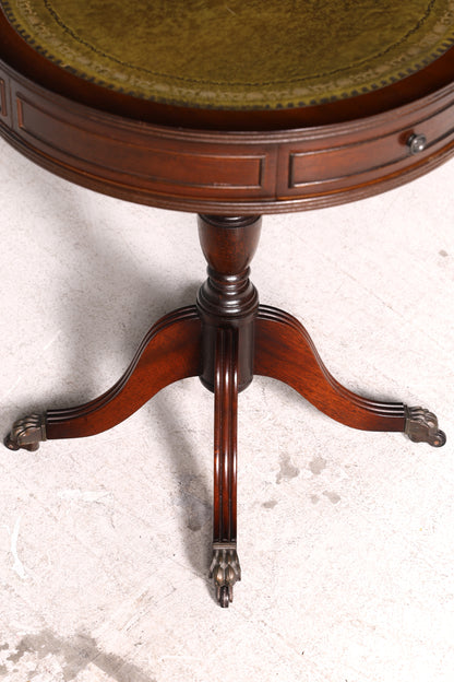 Edler Englischer Trommeltisch Mahagoni Beistelltisch Drum Table mit grüner Lederauflage Antik Vintage