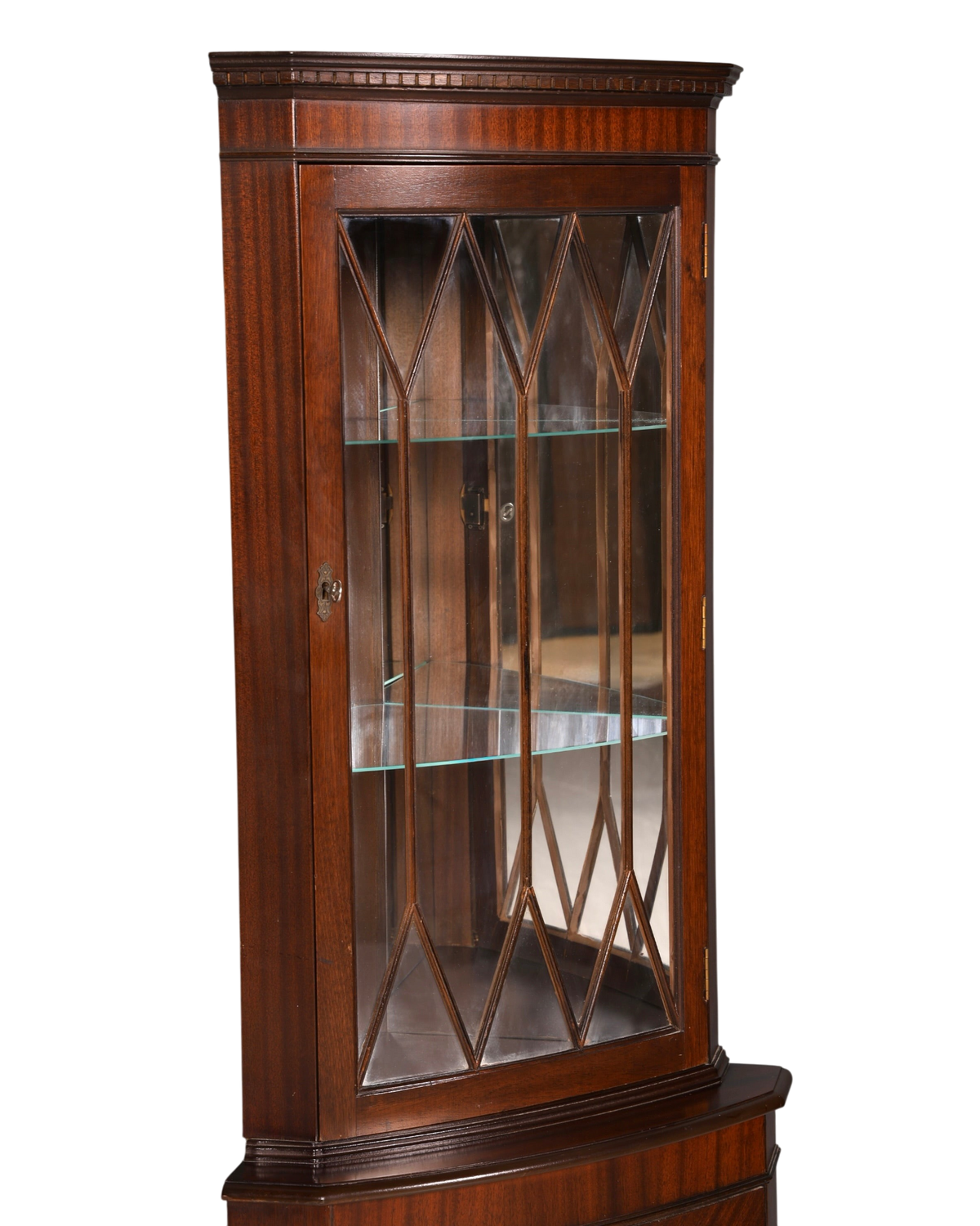 Hauptstadt Möblerei englische Eckvitrine aus Mahagoni mit verglaster Sprossentür und eleganter Holzmaserung