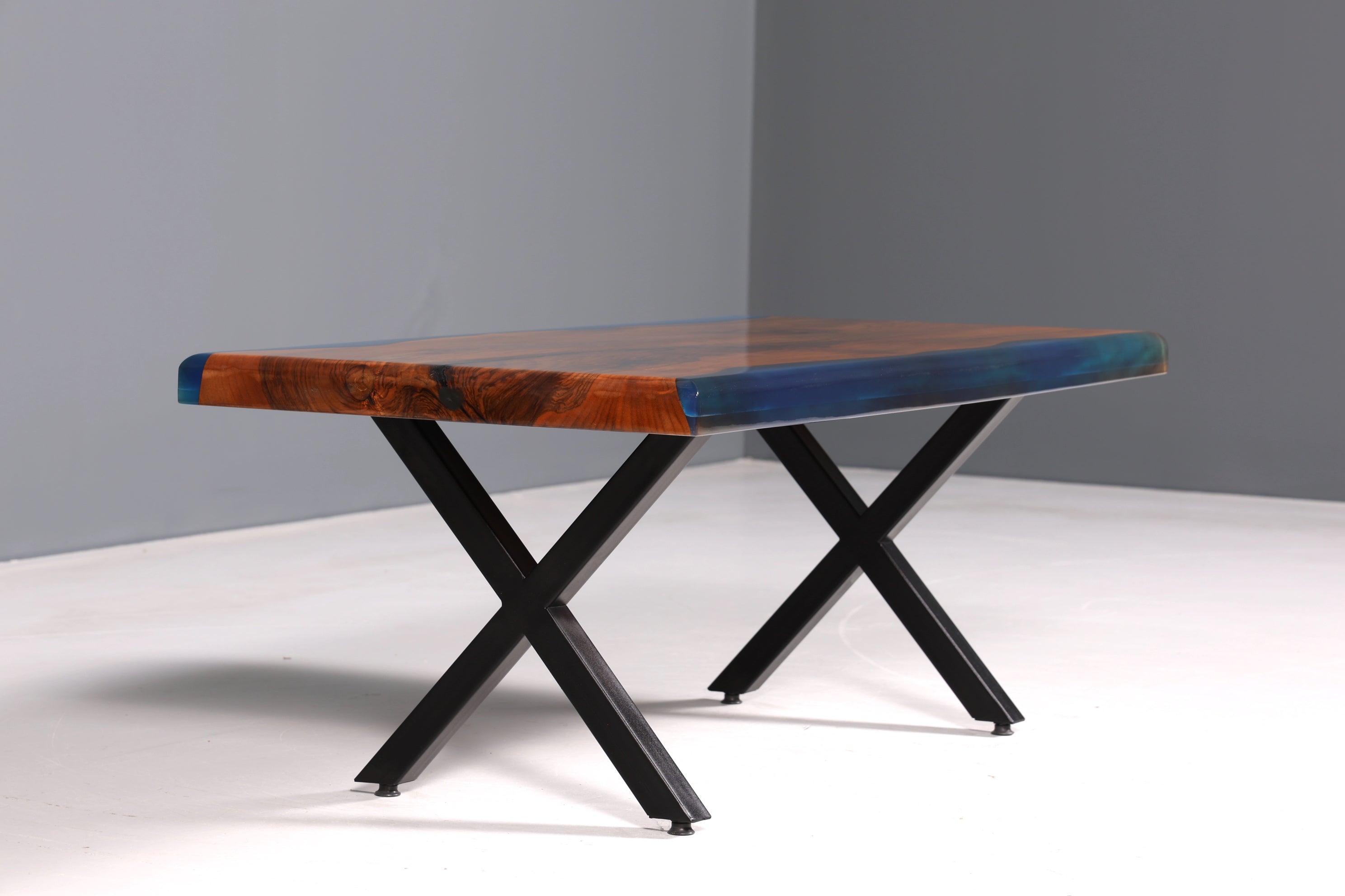 Einzigartiger Epoxidharz Couchtisch Nussbaum River Coffee Table Blau Wohnzimmer Tisch