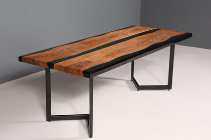 Wunderschöner Epoxidharz Tisch 220-90 cm Epoxy Schwarz Nussbaum Esszimmer Tisch massiv Holz Esstisch