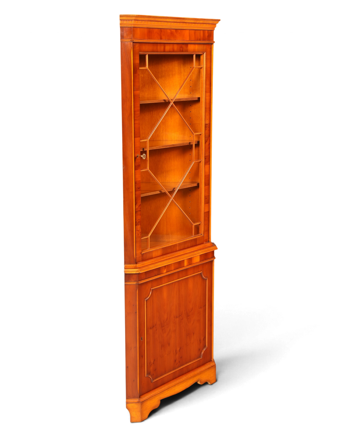 Hauptstadt Möblerei englische Eckvitrine aus Eibenholz mit Glasfront und Sprossentür im antiken Vintage-Stil