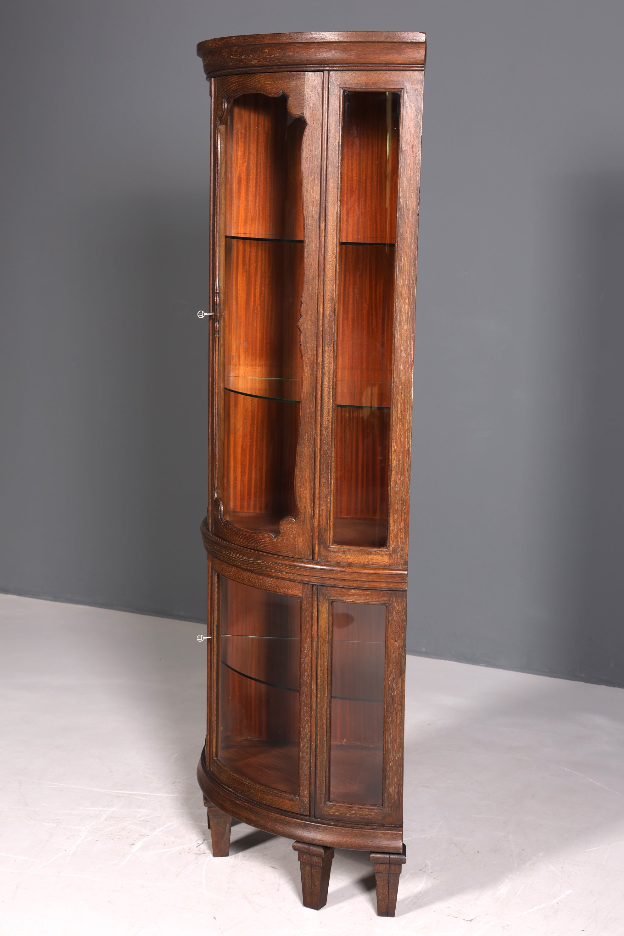 Stilvolle Jugendstil Eckvitrine um 1910 echt Holz Bücherschrank Eiche Antik Küchenschrank Geschirrschrank