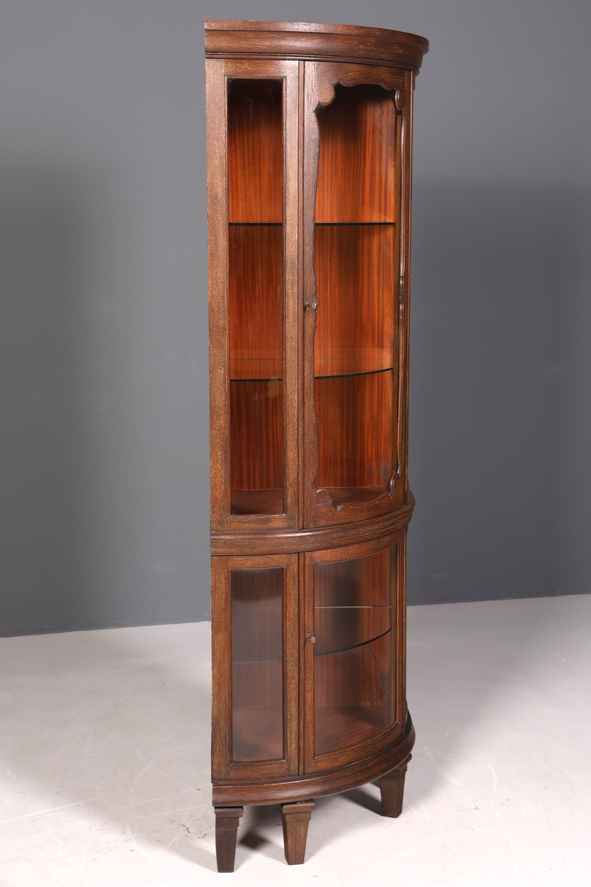 Stilvolle Jugendstil Eckvitrine um 1910 echt Holz Bücherschrank Eiche Antik Küchenschrank Geschirrschrank