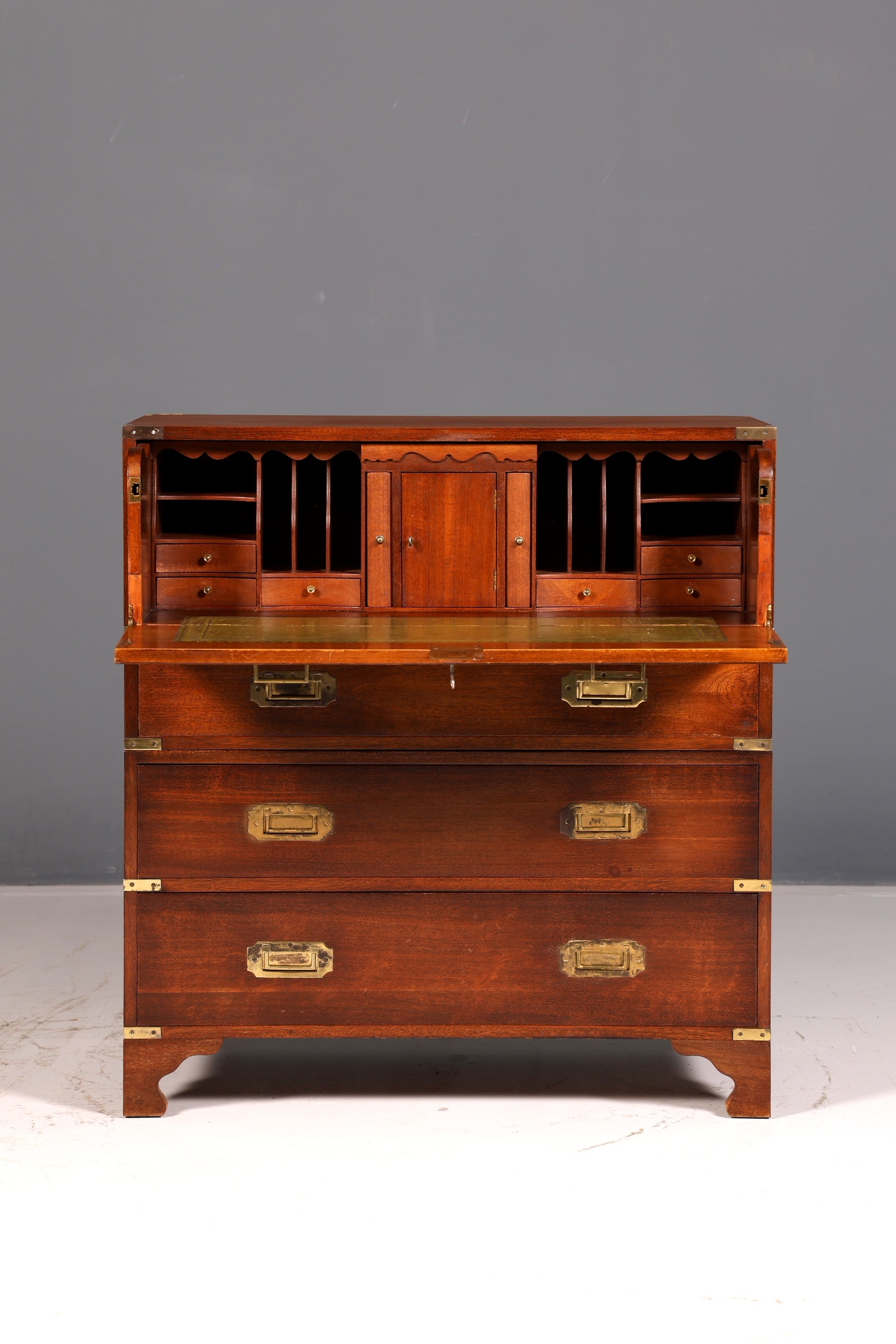 Beautiful Maritime English Secretary Desk, Writing Chest with Genuine Leather Writing Surface, Antique Vintage