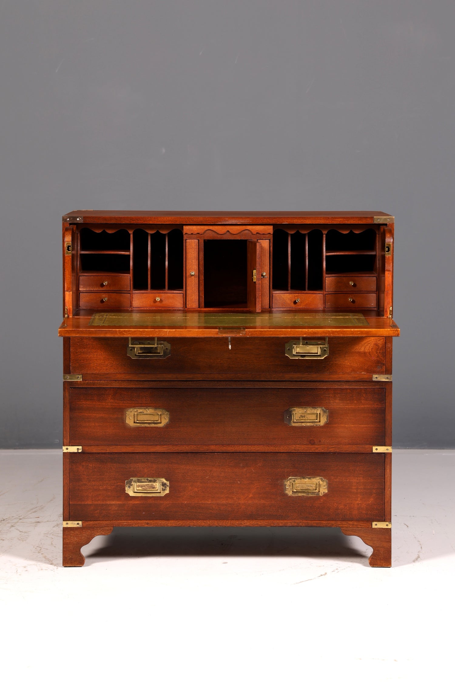 Beautiful Maritime English Secretary Desk, Writing Chest with Genuine Leather Writing Surface, Antique Vintage