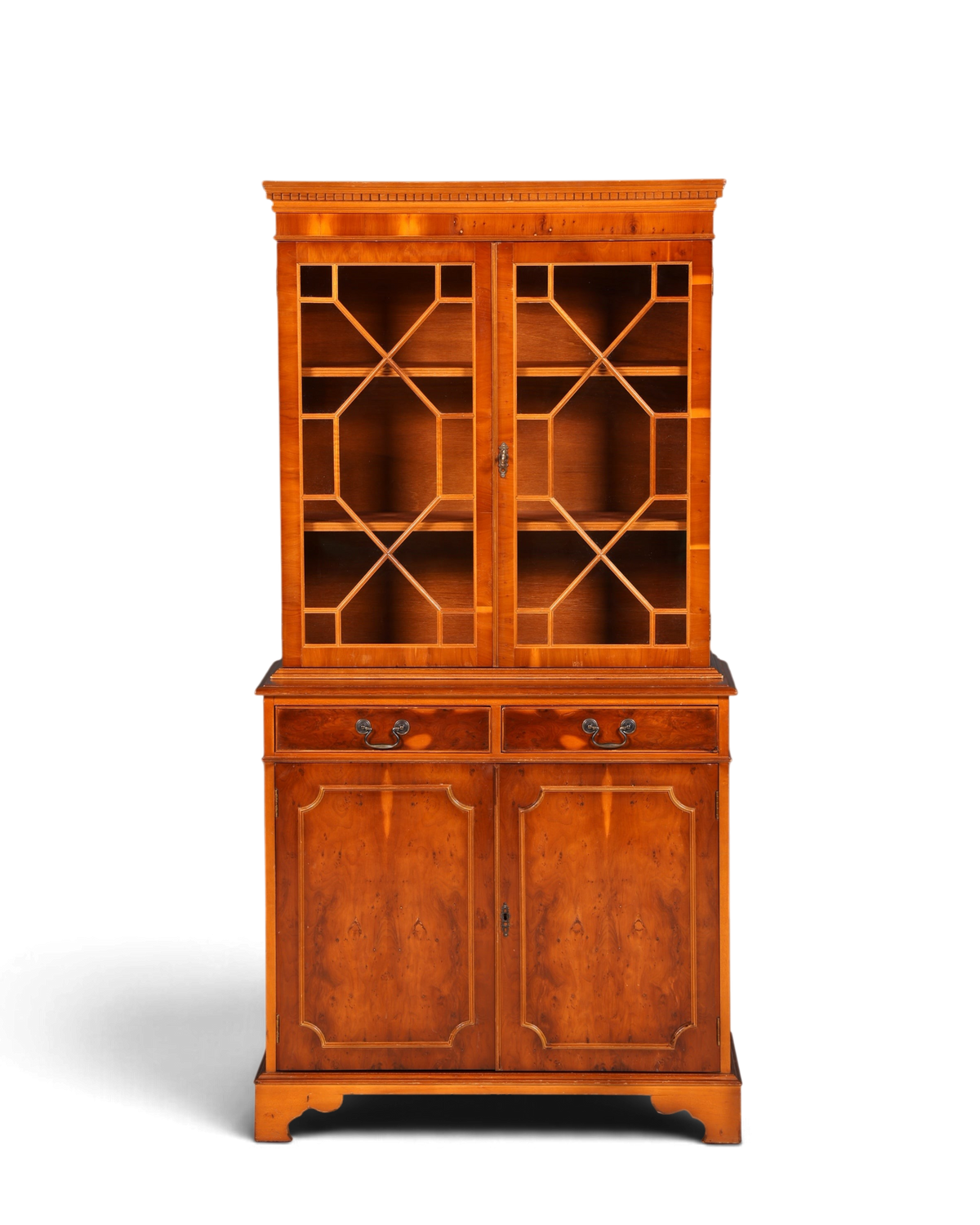 Hauptstadt Möblerei englische Vitrine aus Eichenholz mit Glastüren, Messingbeschlägen und zwei Schubladen im Vintage-Stil