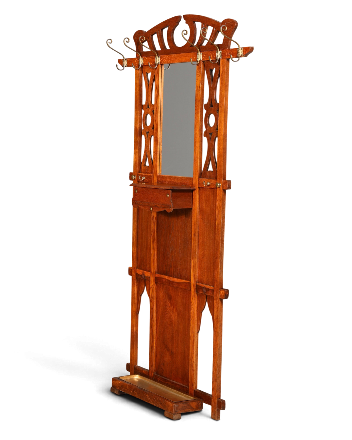 Hauptstadt Möblerei Jugendstil Wandgarderobe aus Holz mit Spiegel, Ablage und Messinghaken im Gründerzeit-Stil