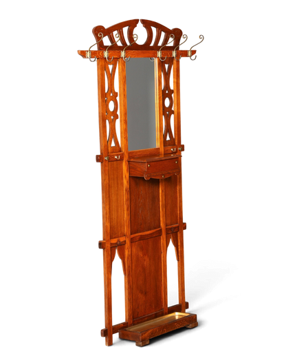 Hauptstadt Möblerei Jugendstil Wandgarderobe aus Holz mit Spiegel, Ablage und Messinghaken im Gründerzeit Design