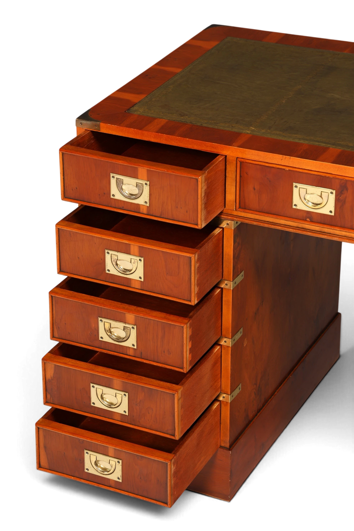 Hauptstadt Möblerei maritimer Military Chest Schreibtisch aus Holz mit grüner Lederauflage und Messingbeschlägen