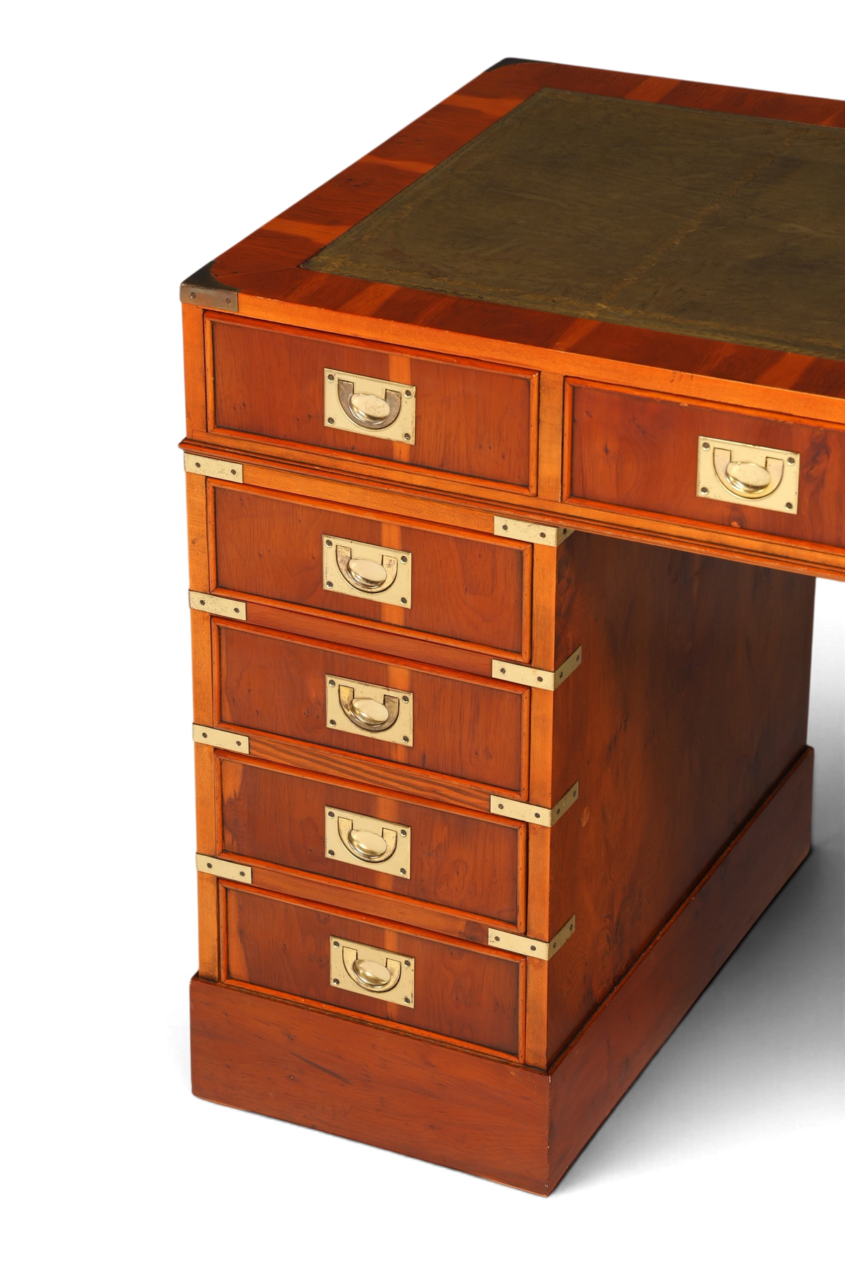 Hauptstadt Möblerei maritimer Military Chest Schreibtisch aus Holz mit grüner Lederauflage und Messingbeschlägen