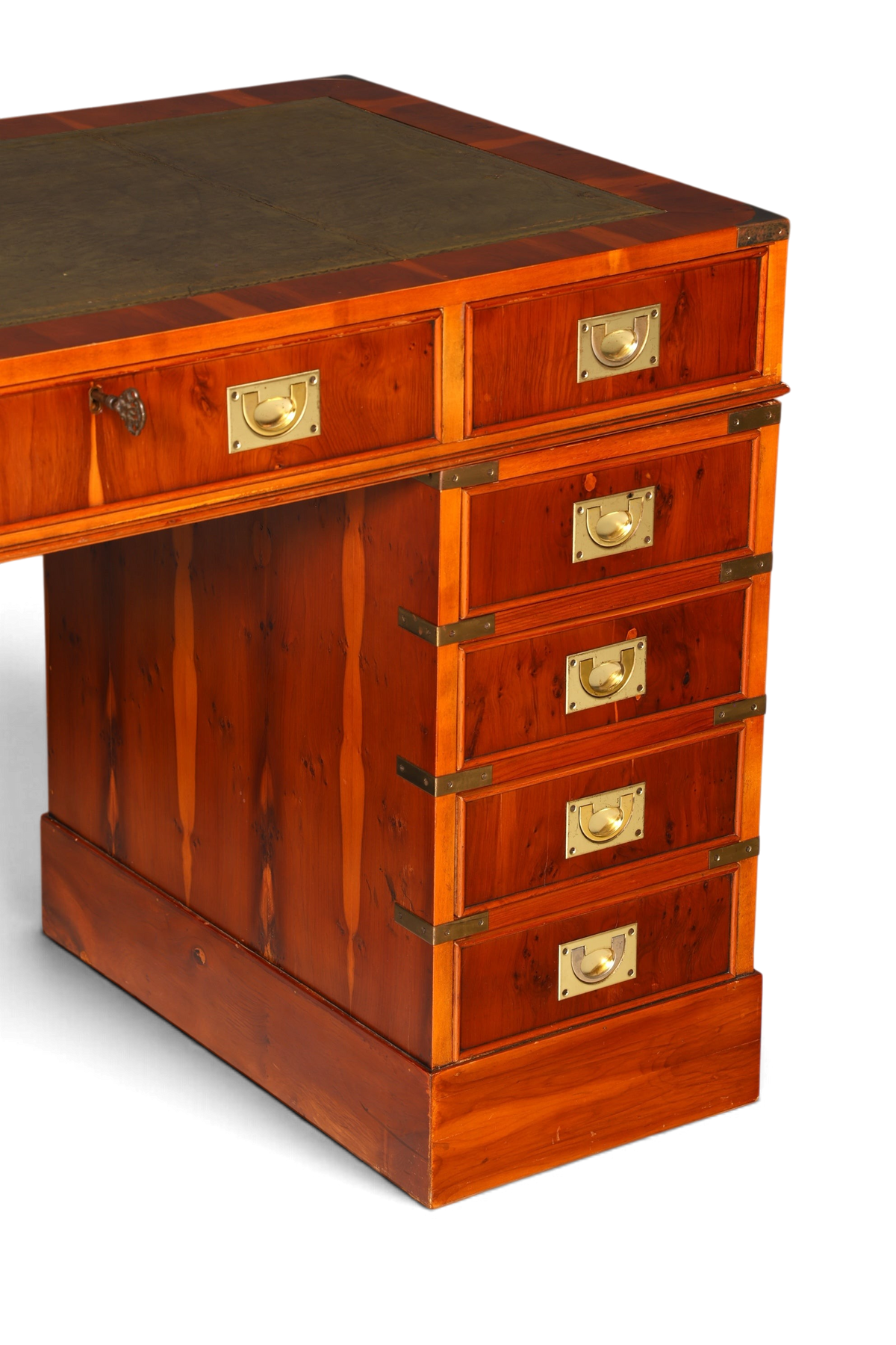 Hauptstadt Möblerei maritimer Military Chest Schreibtisch aus Holz mit grüner Lederauflage und Messing-Beschlägen