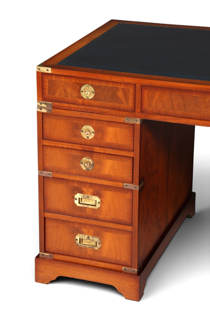 Hauptstadt Möblerei maritimer Military Chest Schreibtisch aus Holz mit schwarzer Lederauflage und Messingbeschlägen