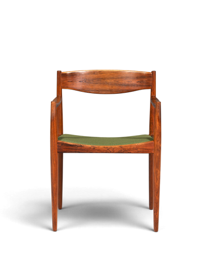 Hauptstadt Möblerei Mid Century Armlehnstuhl von Henry W. Klein für Bramin aus dunklem Holz mit grünem Sitzpolster