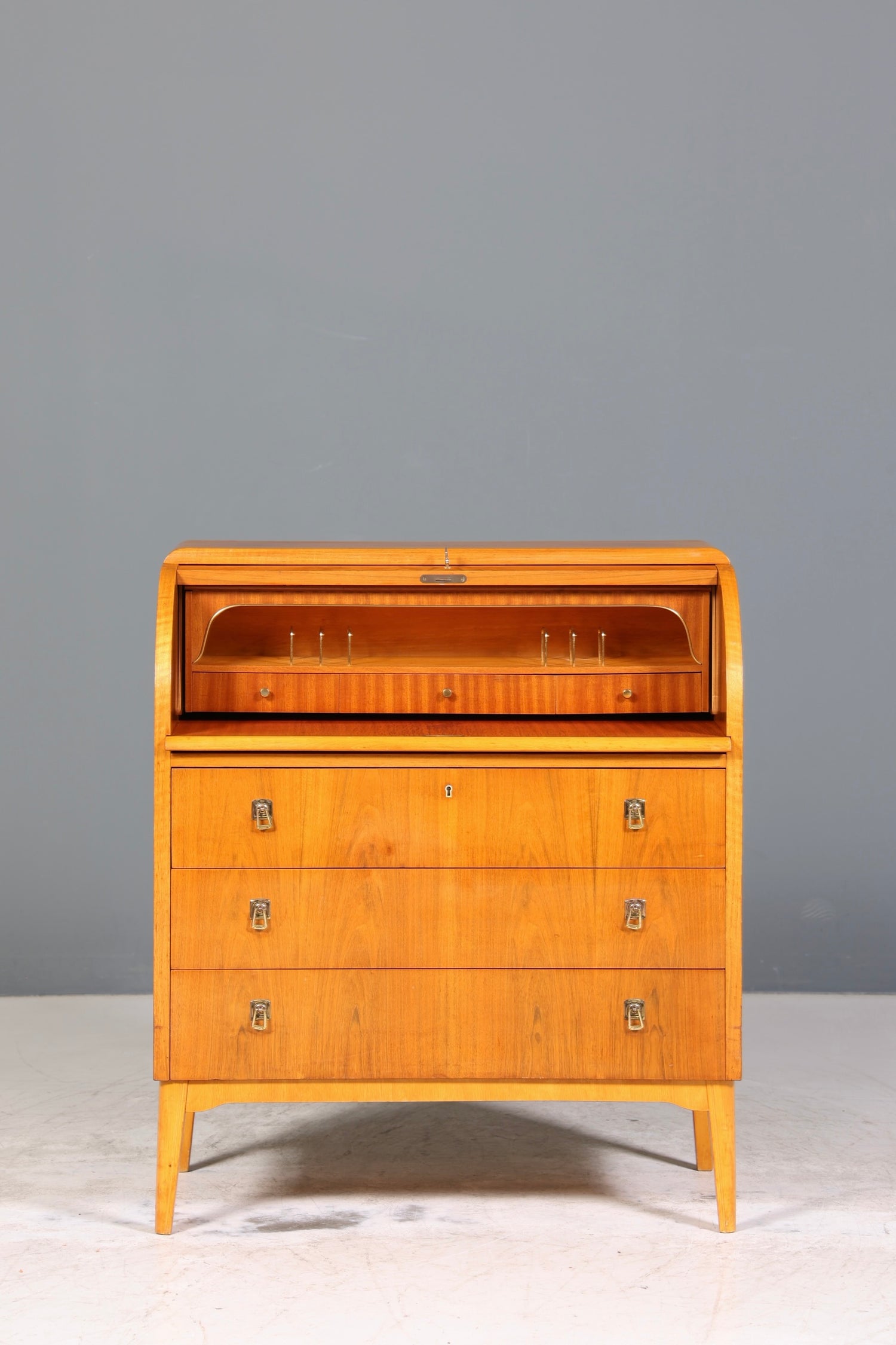 Schlichter Mid Century Rollladen Sekretär echt Holz Büro Schrank Vintage Schreibkommode