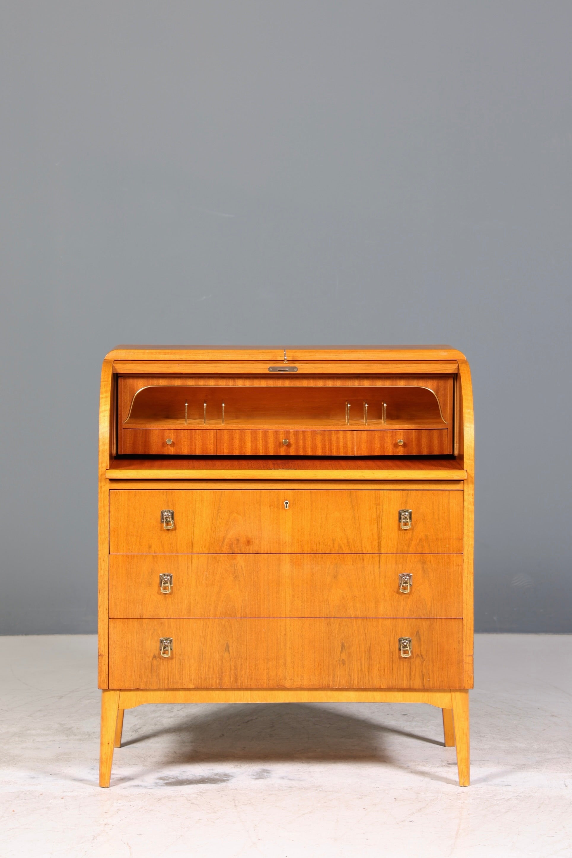 Schlichter Mid Century Rollladen Sekretär echt Holz Büro Schrank Vintage Schreibkommode