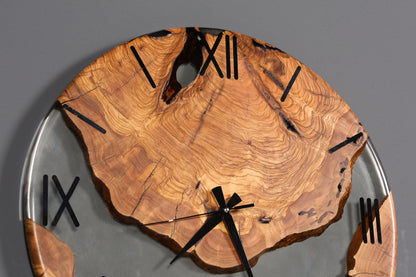 Stilvolle Handgefertigte XXL Epoxidharz Uhr Olivenbaum Wanduhr Epoxy Analog Uhr